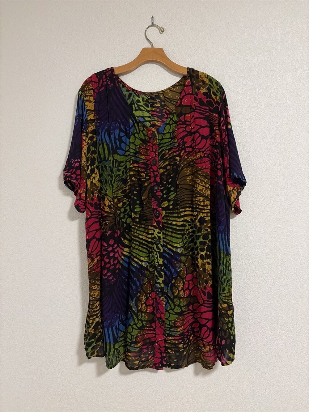 Roaman's Women's Plus Size Blouse Red Green Floral Hawaiin Button Up Shirt